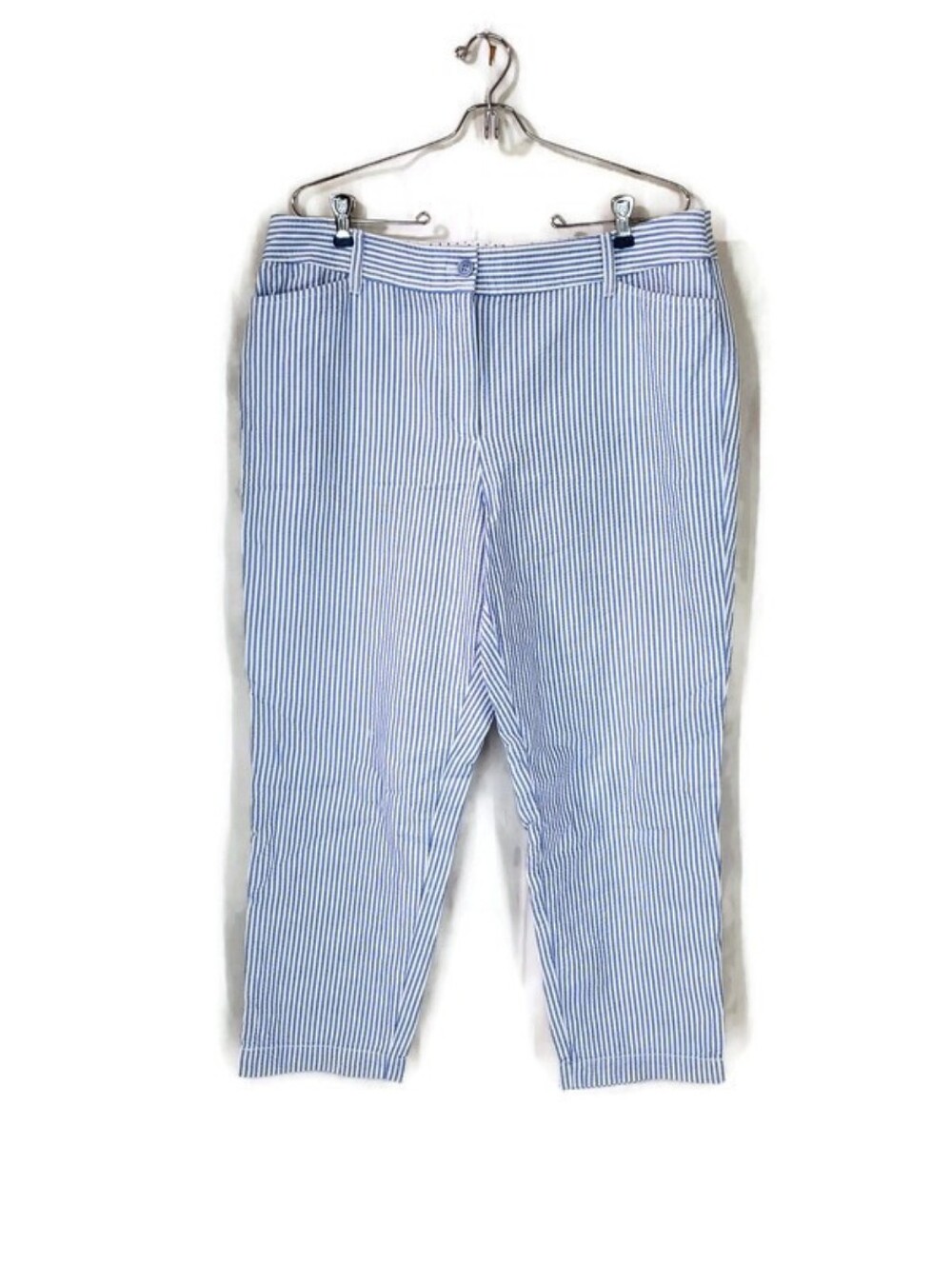 Talbots Womens Blue White Seersucker Perfect Crop Pant Striped Cotton Size 14